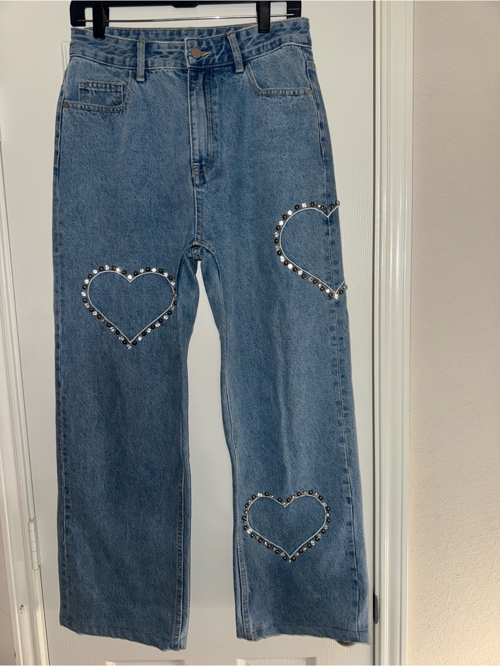 Cider Blue Denim Jeans with Studded Heart Appliqués